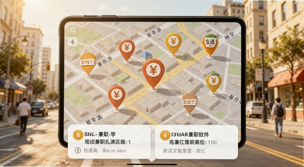 现结兼职软件地图找活功能界面,画面展示一张城市街道地图,地图上散布着多个带有货币符号的定位图钉,屏幕下方弹出兼职岗位简要信息卡片,背景为明亮的日间城市街景,整体色调温暖,体现便捷找工作的场景