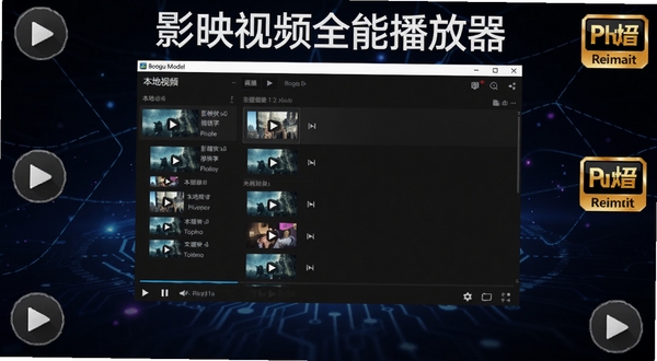 影映视频全能播放器主界面全貌展示,画面中央是软件播放窗口与本地视频列表,背景区域为深色渐变科技感风格,四周点缀播放控制图标与高清画质标识,整体构图突出影映视频全能播放器名称与播放功能,适配Boogu模型生成