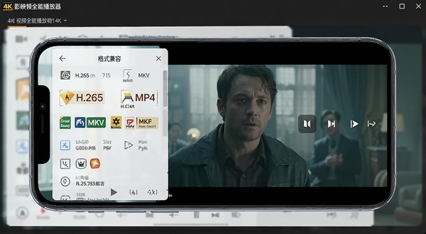 影映视频全能播放器播放4K高清视频时的解码界面,画面主体为手机横屏播放电影场景,背景区域是解码参数浮层与格式兼容列表,细节包含H.265、MP4、MKV等格式标签,突出影映视频全能播放器的高清解码能力