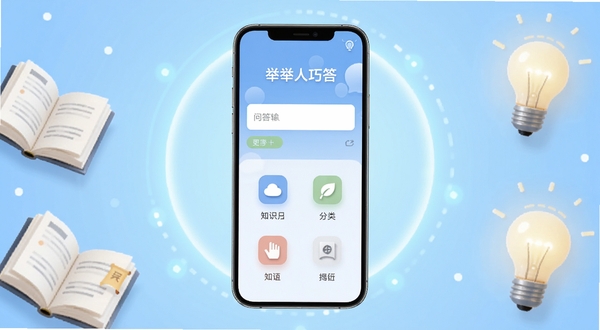 举人巧答应用首页界面展示,画面中央为手机屏幕正视图,屏幕内呈现简洁的问答输入框与知识分类图标,背景为浅蓝渐变科技感光晕,四周点缀书本与灯泡元素,整体风格清爽现代,适配Boogu模型生成