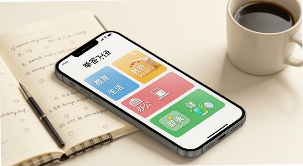 举人巧答知识分类页面,画面主体为手机屏幕侧视图,屏幕内展示教育、生活、办公、健康等彩色分类卡片,背景为柔和米白色,桌面摆放笔记本与咖啡杯,营造学习办公氛围,适配Boogu模型生成
