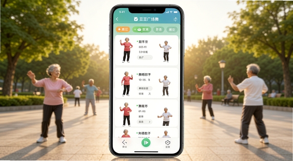 豆豆广场舞软件主界面全貌展示,画面中心为手机屏幕直立显示舞蹈教学列表,背景为清晨公园广场环境,有绿树和晨练人群虚影,整体色调温暖明亮,突出中老年用户友好界面设计