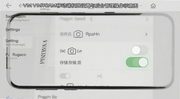 VMYCAM移动端权限设置与后台管理操作示意图,画面展示手机屏幕中应用权限管理界面,高亮显示相机与存储权限开关,背景为简洁的浅灰色设置菜单,整体风格清晰易读