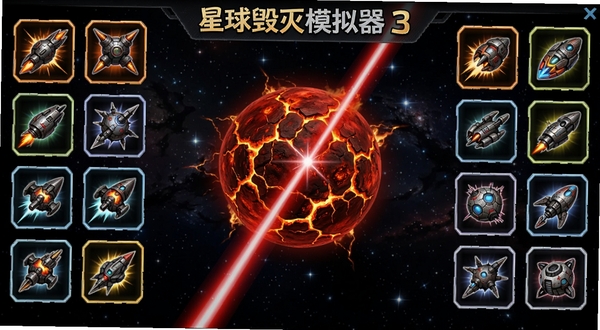 星球毁灭模拟器3武器选择界面,画面展示多种毁灭武器图标排列在屏幕两侧,中央是一颗被激光锁定的红色熔岩星球,星球表面出现裂纹与火光,背景是深空星域,整体氛围紧张刺激,科幻机甲风格,色彩对比强烈,适合作为游戏特色展示图