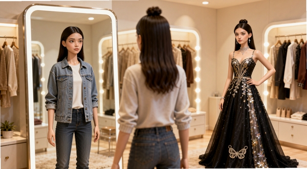 左右时尚秀左右对比换装功能展示,画面中一位虚拟模特站在镜子前,镜中呈现左右两种不同风格的服装搭配,左侧是日常休闲装,右侧是华丽礼服,背景是明亮的试衣间,色调温暖柔和