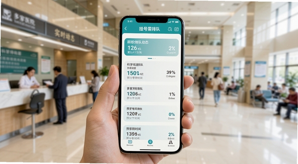 挂号需排队软件实时排队动态界面,手机屏幕显示多家医院科室排队人数和预计等待时间,背景为医院大厅虚化场景,主体手机居中,画面明亮清晰
