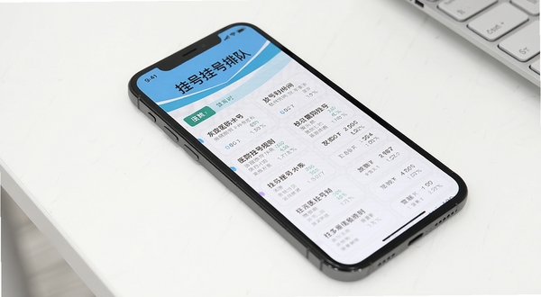 挂号需排队软件多医院信息聚合页面,手机屏幕展示不同医院挂号规则和放号时间对比列表,背景为简洁白色桌面,主体手机居中偏左,画面干净有序