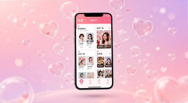 花爱手机应用界面全景展示图,画面中央悬浮一部智能手机,屏幕内呈现花爱APP的推荐匹配页面与动态广场双栏布局,背景采用柔和的粉紫渐变色调,四周点缀半透明的心形气泡与光斑,整体风格温馨浪漫,适合社交软件宣传使用