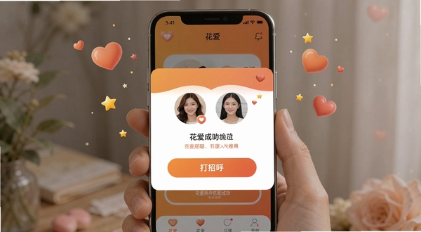花爱用户匹配成功界面展示图,手机屏幕显示花爱APP的匹配成功弹窗,两位用户头像并排展示,下方有打招呼按钮,背景为暖橙色渐变,周围漂浮爱心与星星装饰,突出喜悦氛围