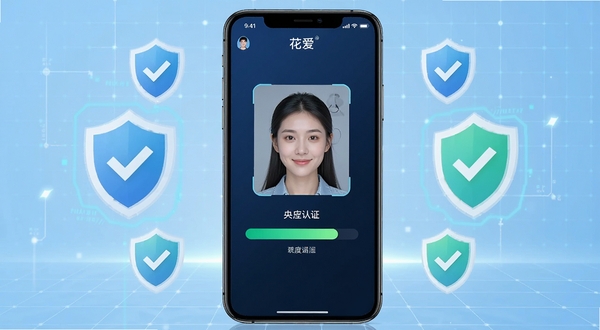花爱真人认证功能界面展示图,画面中央一部手机显示花爱APP的人脸识别认证进度条,周围环绕盾牌与对勾图标象征安全,背景为浅蓝色科技感网格,整体突出安全可靠的视觉感受