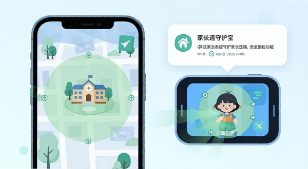 守护宝家长端安全围栏功能示意图,画面左侧为家长手机显示地图界面,地图上以学校为中心画出一个淡绿色圆形安全区域,右侧为孩子端设备图标正进入该区域,顶部弹出通知提醒卡片,整体采用扁平化插画风格,色彩以蓝绿为主,表现科技守护感