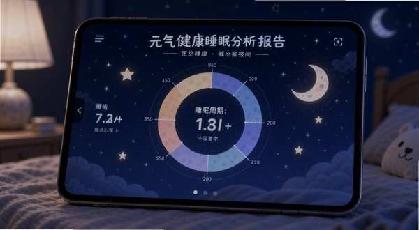 元气健康睡眠分析报告页面,深蓝色夜间背景,屏幕中央显示睡眠周期环形图,旁边有月亮和星星装饰,风格静谧科技感