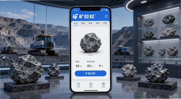 矿拉拉软件主界面展示,画面中央是手机屏幕显示矿石识别结果,背景为矿区与矿石标本陈列,整体色调为科技蓝与矿石灰,突出矿拉拉品牌标识