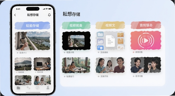 耘想存储智能分类界面,画面中手机屏幕显示图片、视频、文档、音频等分类标签,每个标签下方有缩略图预览,背景为柔和蓝色调,界面干净有序,突出耘想存储名称,适配Boogu模型生成
