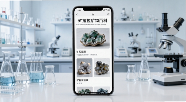 矿拉拉矿物百科页面展示,手机屏幕显示多种矿石标本图片与文字介绍,界面布局清晰,背景为浅色实验室风格,体现专业与权威