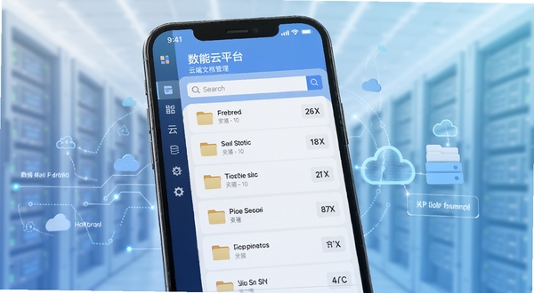 数智云平台云端文档管理界面,手机屏幕显示文件夹列表与搜索框,背景为浅色渐变科技感风格,突出数据存储与共享概念