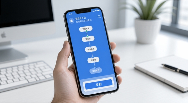 数智云平台移动审批界面展示,手机屏幕中呈现流程节点图与审批按钮,背景为简洁办公桌环境,整体色调清爽专业