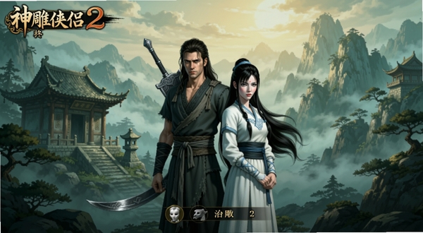 神雕侠侣2游戏主界面全景展示,画面中央为杨过与小龙女并肩而立的经典造型,背景为终南山古墓与云雾缭绕的山峦,整体色调以青绿与暖金为主,突出武侠唯美风格