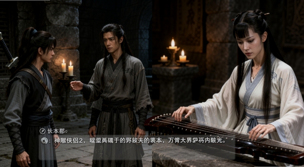 神雕侠侣2剧情对话场景,画面左侧为玩家角色与杨过互动,右侧为小龙女抚琴特写,背景为古墓石室,柔和烛光营造沉浸感