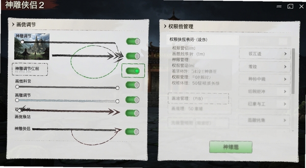 神雕侠侣2设置界面截图,展示画质调节选项与权限管理面板,界面清晰标注各功能开关位置