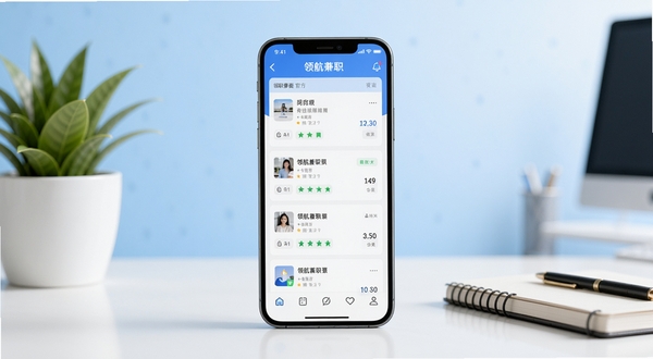 领航兼职软件官方主界面展示,画面中央放置一部智能手机,屏幕显示领航兼职APP的岗位列表页面,背景为浅蓝色渐变办公场景,桌面摆放绿植与笔记本,整体风格简洁商务,光线明亮柔和,适配Boogu模型生成