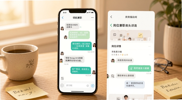 领航兼职在线沟通功能界面,画面展示手机聊天窗口与岗位详情页并列排布,气泡对话框中有文字交流内容,背景为柔和暖色调,桌面有咖啡杯和便签纸,突出移动办公氛围,适配Boogu模型生成