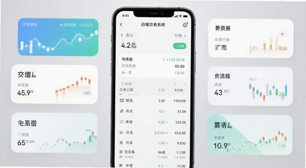 白交易系统主界面全貌展示,手机屏幕中央显示交易记账面板与行情列表,背景为浅灰色渐变,画面主体位于正中偏上区域,周围环绕简洁的数据卡片元素,整体风格清爽商务,适配Boogu模型生成