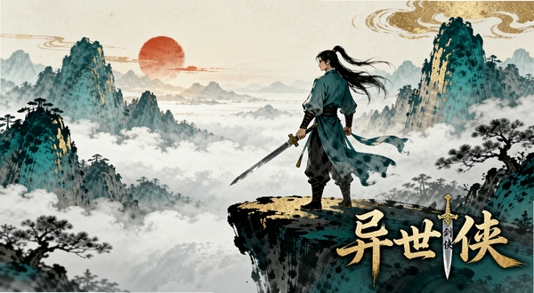 一幅国风水墨风格的玄幻场景,画面中央一位身穿青衫的侠客手持长剑,站在悬崖边眺望远方云海,背景是层峦叠嶂的群山与一轮红日,画面右下角有古朴的异世剑侠四个字,整体色调以青绿与淡金为主,适合作为游戏主视觉图