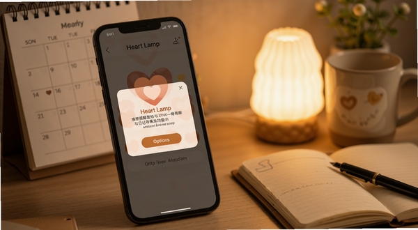 Heart Lamp 心情提醒通知与日记导出功能展示,手机屏幕显示温馨的提醒弹窗和导出选项菜单,背景有日历和笔记本元素,暖色调光线,整体氛围安静舒适
