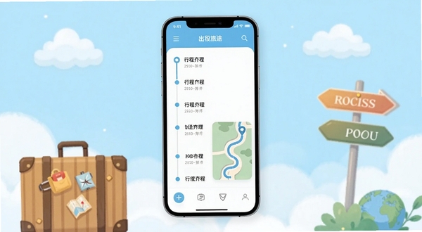 出发吧旅途规划应用主界面展示,画面中央为手机屏幕内显示清晰的行程时间轴与地图路线,背景为淡蓝色渐变旅行元素插画,包含行李箱、路标与云朵,整体风格清新明亮,适配Boogu模型生成