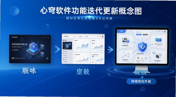 心穹软件功能迭代更新概念图,画面展示从旧版本到新版本的界面演变过程,背景为科技蓝渐变,突出持续优化升级的主题