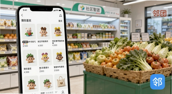 邻团团智能推荐界面特写,画面主体为手机屏幕显示“猜你喜欢”商品瀑布流,背景区域为社区便利店货架与新鲜果蔬堆头,色彩明亮清新,画面中隐约可见邻团团图标,突出智能推荐与社区场景融合