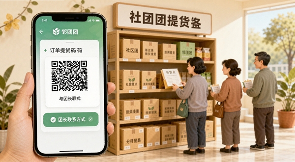 邻团团使用教程示意图,画面主体为手机屏幕展示订单提货码与团长联系方式,背景区域为社区提货点货架与等待取货的居民,整体色调温暖生活化,突出邻团团提货流程的便捷性