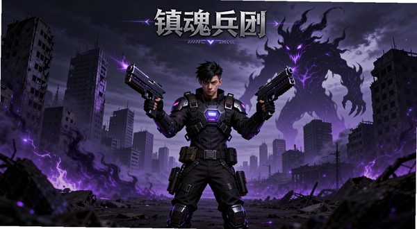 镇魂兵团游戏主界面全景,中央是手持双枪的主角角色,背景为被暗紫色能量笼罩的都市废墟,远处有巨型魂兽轮廓,画面风格为暗黑科幻,细节丰富,构图饱满,适配游戏宣传图风格