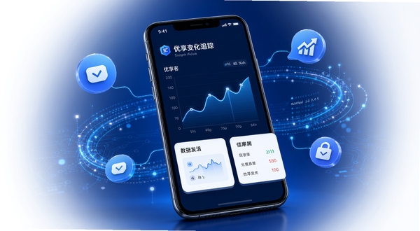 优享客信用变化追踪功能界面,画面展示手机屏幕中折线图与数据对比卡片,屏幕周围环绕抽象的信用图标与数据流线条,背景为深蓝色科技感渐变,突出智能追踪与数据分析氛围