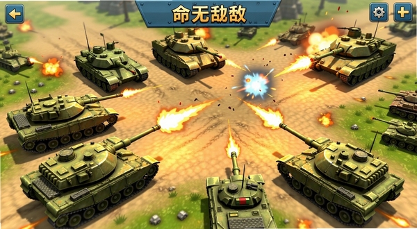 坦克无敌 游戏主界面 多辆坦克在战场上行进 炮火纷飞 写实卡通风格 明亮色调 俯视视角 展现激烈对战场景