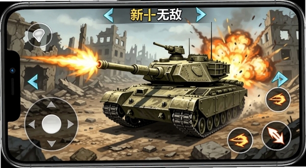 坦克无敌 新手操作界面 手机横屏 虚拟摇杆与开火按键 坦克在废墟中战斗 爆炸火光 界面清晰 教学提示箭头