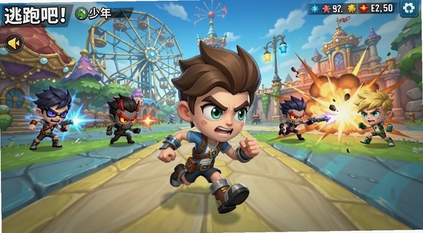 逃跑吧!少年 游戏主界面截图,画面中央是Q版角色在奇幻游乐园场景中奔跑,背景区域显示追捕者与逃生者阵营对抗的激烈场面,整体色调明亮活泼,突出非对称竞技的紧张感