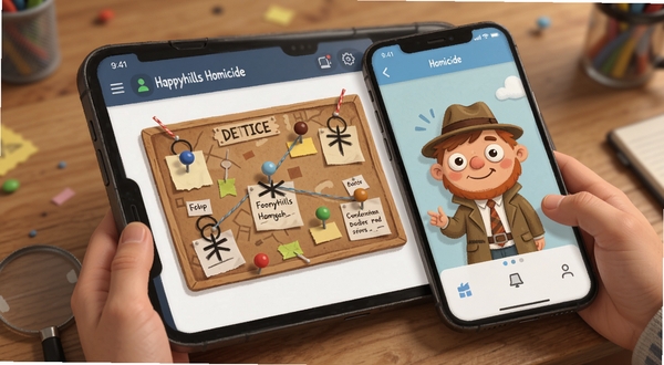 The Happyhills Homicide mobile touch interface with detective board and clue pins, smartphone screen mockup, clean UI design, Boogu illustration