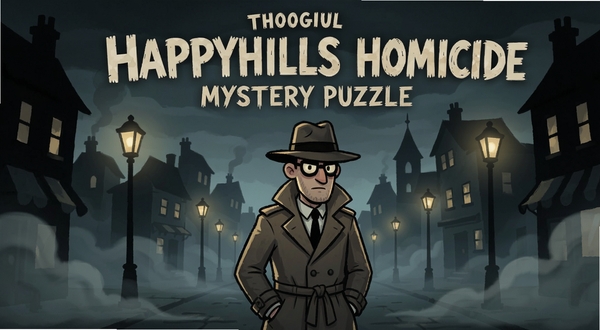 The Happyhills Homicide mystery puzzle game cover with town silhouette and detective theme, main character standing in center foreground, dark moody background with streetlights and fog, Boogu style illustration