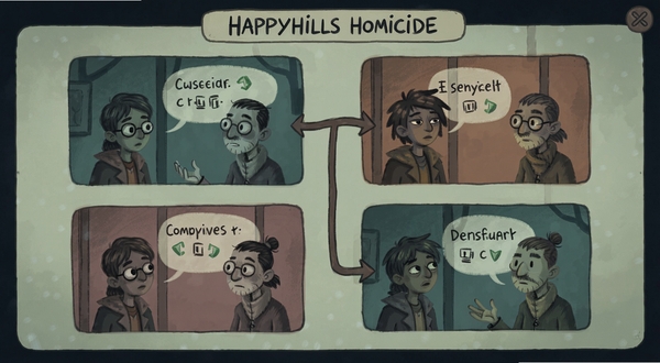 The Happyhills Homicide branching dialogue interface with multiple choice options, stylized characters in conversation, moody color palette, Boogu illustration