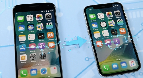 安卓转到iOS软件主界面截图,画面主体为一部安卓手机与一部iPhone并排显示,中间有数据流动的箭头动画,背景为简洁的浅蓝色科技风格,突出跨平台传输概念