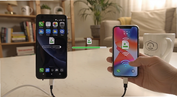 一部安卓手机和一部iPhone通过数据线或无线连接进行数据传输的场景,画面中央显示传输进度条和文件图标,背景是温馨的家居环境,体现用户轻松换机的氛围
