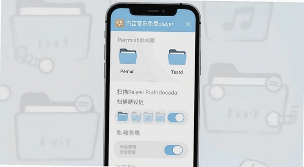 汽笛音乐免费player设置界面截图风格插画,画面展示手机屏幕内权限管理与扫描路径设置页面,有文件夹图标与开关按钮,色调为浅灰与淡蓝,画面简洁清晰,汽笛音乐免费player字样出现在顶部栏