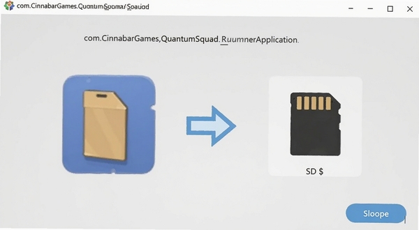 画面展示com.CinnabarGames.QuantumSquad.RunnerApplication安装器的存储路径选择界面,左侧为手机内部存储图标,右侧为SD卡图标,中间有箭头引导用户选择,背景为浅灰色极简风格,画面清晰明亮,适合作为软件功能展示图