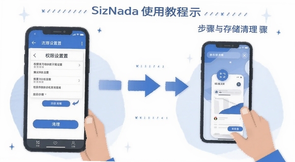 SizNada使用教程示意图,手机界面展示权限设置和存储清理步骤,画面采用扁平化插画风格,色调以蓝白为主,清晰标注操作流程