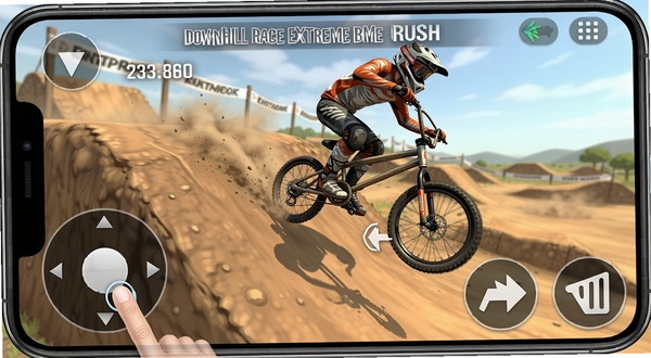 Downhill Race Extreme BMX Rush 移动端操控界面,屏幕左下角虚拟摇杆,右下角加速与刹车按钮,画面中骑手正在土坡道上行驶,UI简洁半透明,手指触控示意