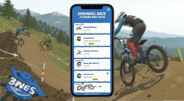 Downhill Race Extreme BMX Rush 游戏问答界面,手机屏幕显示常见问题列表,背景是模糊的山地赛道画面,扁平化UI设计,蓝白配色