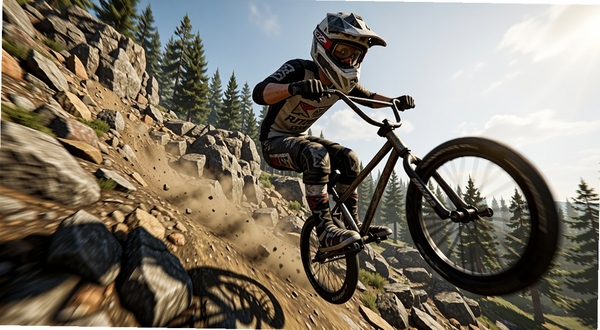 Downhill Race Extreme BMX Rush 游戏封面,画面中央一位戴全盔的骑手骑着BMX小轮车从陡峭山坡俯冲,背景是崎岖乱石与松树林,阳光斜射,动态模糊效果,写实3D渲染风格,16:9横版构图