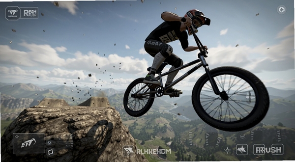 Downhill Race Extreme BMX Rush 游戏内物理碰撞瞬间,骑手从岩石跳台腾空,BMX小轮车车身倾斜,背景是山谷与远处云层,写实光影,动态抓拍感